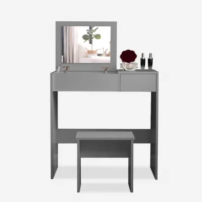 A grey vanity table with a mirror and a matching stool, set against a white background.