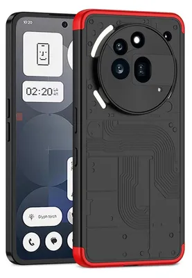 A smartphone with a protective case is shown, with the phone's screen displaying widgets and the case's back revealing a circuit board design.
