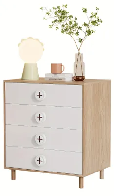 Image de Table de chevet - Commode - Armoire de chambre - Rangement - Table d'appoint - Blanc - 4 tiroirs - Bambou - 80x54x90 cm