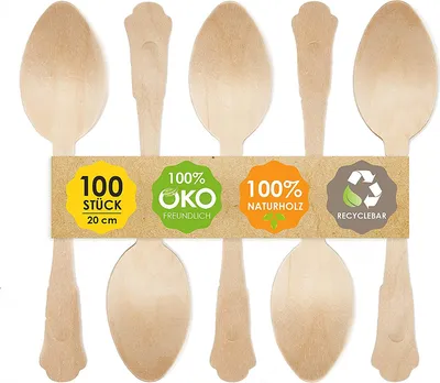 Produktbild von JSM Einwegbesteck aus Holz- 100 Löffel aus glattem Birkenholz - Biologisch abbaubar und umweltfreundlich (20 cm)