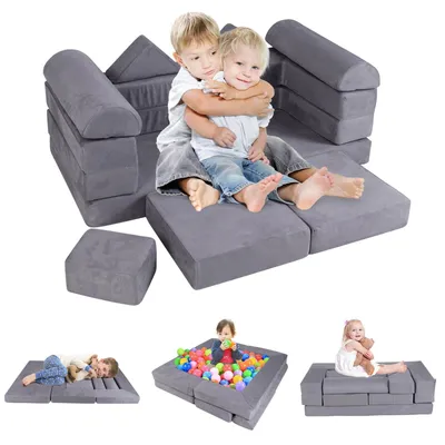 Produktbild von GOPLUS Modulares Kinder Spielsofa, Kindersofa aus Schaumstoff mit Wildlederstoffbezug, modulares Sofa zum Spielen & Schlafen, Kindermöbel, Grau