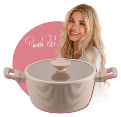Immagine prodotto di Fackelmann x Pamela Reif Casseruola a conchiglia con coperchio, Ø 24 cm, beige pastello, set da 2 pezzi, per tutti i tipi di piano cottura