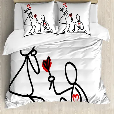 Produktbild von ABAKUHAUS Verlobungsfeier Bettbezug Set, Hand gezeichnete Kidergarten-Themed Hochzeits-Angebots-Bild-Feier, 200 x 200 cm + 80 x 80 cm, Schwarz Weiß und Rot