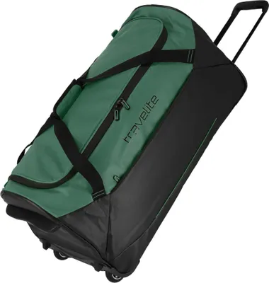 A green and black rolling duffel bag is shown against a white background.