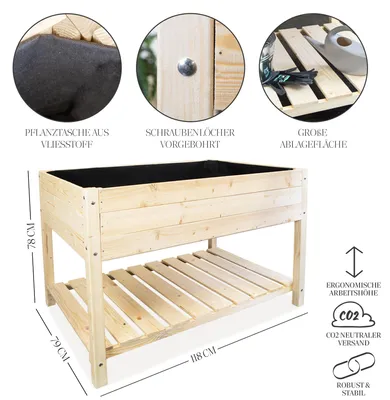 Produktbild von Hochbeet XL 118x79x78cm aus imprägniertem Fichtenholz mit Vlieseinsatz