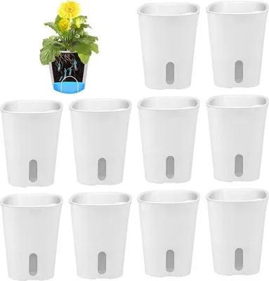 Produktbild von Selbstbewässernde Blumentöpfe – 10er-Set, Wasserstandsanzeige, Gießtopf, Kräutertopf, Bewässerungssystem – für drinnen und draußen (125 cm)