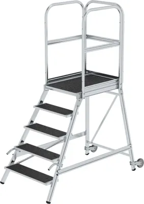 Produktbild von Podesttreppe einseitig begehbar mit Rollen & Griffen | Korundbeschichtung R13 | 5 Stufen | Rutschsichere Leiterschuhe