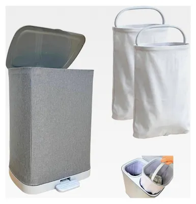 Produktbild von Wäschekorb, schmaler Wäschesammler 50l mit Deckel, 2 Fächer, herausnehmbare und waschbare Innentaschen, Wäschetonne für Schmutzwäsche