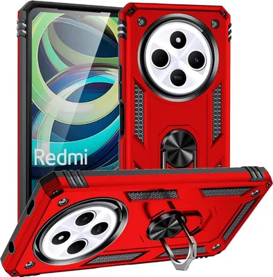 A red phone case with a ring holder is displayed from multiple angles.