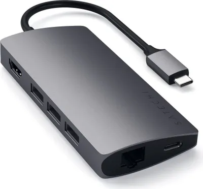 Produktbild von Satechi Multi-Port Adapter V2 Dock st., USB 3.2 Gen 1 (3.1 Gen 1) Type-C, Grau, MicroSD (TransFlash), SD, HDMI, RJ-45, USB 3.2 Gen 1 (3.1 Gen 1) Type-A, Aluminium, USB