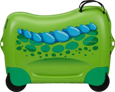 A green Samsonite children's suitcase with a dinosaur design.