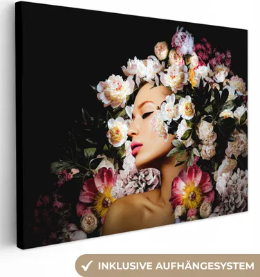 Produktbild von MuchoWow® - Leinwandbilder - Frauen - Blumen - Rosen - Porträt, Wandbild, Wanddeko Bilder Wohnzimmer, 120x90 cm