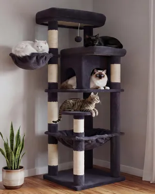 Kratzbaum, Rauchgrau, 2 Ebenen, 142 cm Höhe, für große Katzen