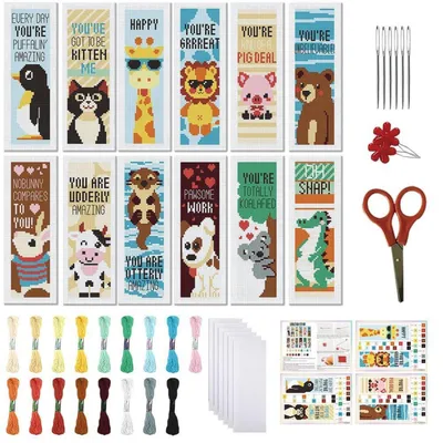 Image de Lot de 12 marque-pages en point de croix, motif animal, kit de loisirs créatifs pour adultes et débutants, dimensions : 20 x 6 cm