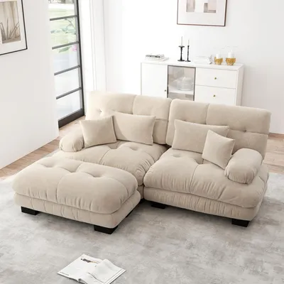 Image de Canapé d'angle Cloud pour salon, canapé double en chenille avec 2 coussins lombaires et 2 coussins décoratifs, canapé rembourré avec larges accoudoirs et pouf, chenille marron clair