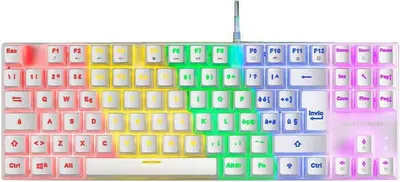 A top-down view of a white mechanical keyboard with RGB backlighting.