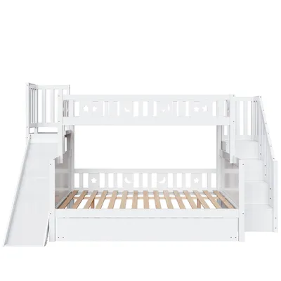Produktbild von Flieks Etagenbett mit Rutsche, Kinderbett 90x200/140x200cm mit Rausfallschutz, Hochbett mit Treppe und Ausziehbett, Etagenbett mit Lattenrost, Weiß