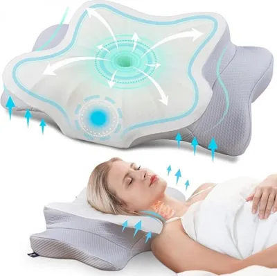 Obrázek produktu pro Ortopedický polštář na oporu krku z paměťové pěny, tvar motýla, pomalá regenerace, pratelný potah, opora krku, ramen a paží, ergonomický, světle šedý
