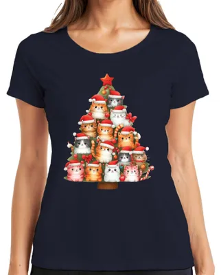 Productafbeelding van Kerstboom met katten. Kerstcadeau voor kattenbezitters. Dames T-shirt, marineblauw, maat M