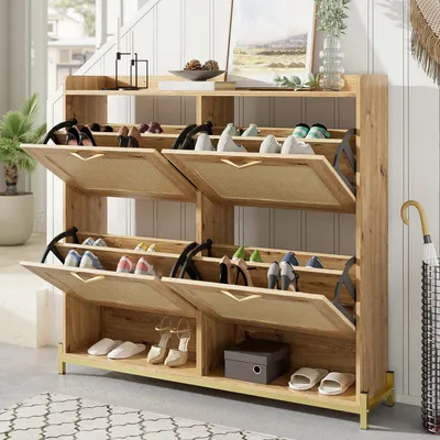 Produktbild von okwish Moderner Schuhschrank aus Holz mit vier Klapp-Rattantüren,Schuhkipper mit oberes Regal und offenem Stauraum,Holzfarbe