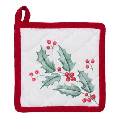 Produktbild von Clayre & Eef Kinder Topflappen 16x16 cm Weiß Rot Baumwolle Hirsch und Stechpalmenblätter