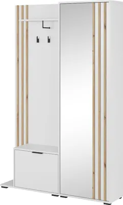 Produktbild von Garderobe- set NELLY, Wandgarderobe mit Spiegel, Schuhschrank, Kleiderhänger, Kleiderschrank, Weiß mit Artisan Lamellen