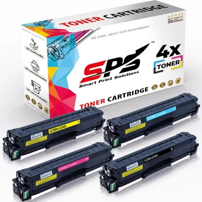 A box of toner cartridges with four toner cartridges displayed in front of it.