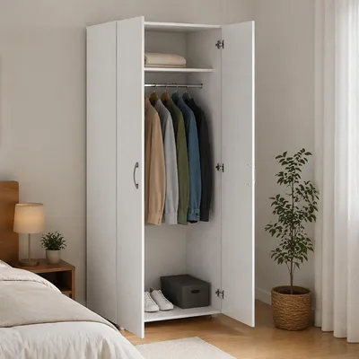 Image de Malvito - Armoire 2 Portes, 74x179h cm Blanc, Porte-Manteaux