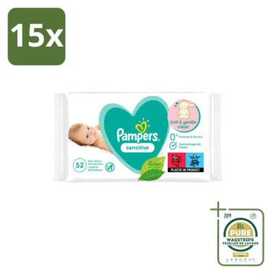 Productafbeelding van 15 pakken Pampers Sensitive babydoekjes - 52 stuks per pak - voordeelverpakking - 15 stuks per pak