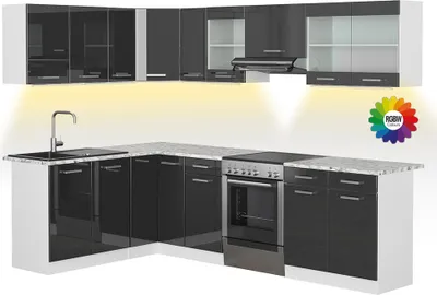 Immagine prodotto di Cucina ad angolo Vicco Rick Antracite lucido/bianco 270 x 60 cm , PL Marmo con striscia LED, Model 51935