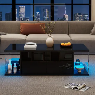 Produktbild von Couchtisch,Sofatisch mit LED, Hochglanz-Design, Kaffeetisch mit 2 Schränken,Beistelltisch 100*50*30cm