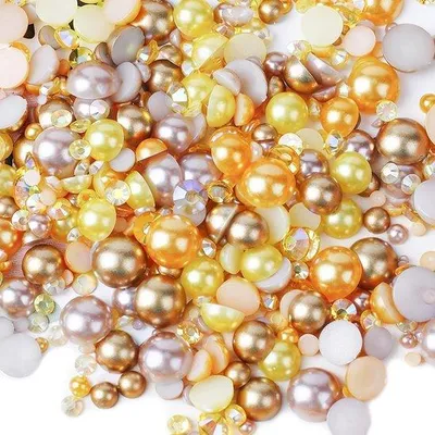 Produktbild von Mischung von 30g Halbperlen aus Strass, goldene Flachbackperlen für kreative Projekte, 3mm-10mm Klebeperlen für DIY, Make-up, Nail-Art, Kleidung und Schuhe.