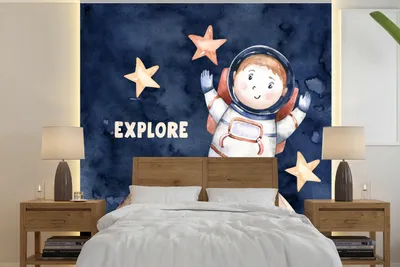 Produktbild von MuchoWow® Fototapete für Wohnzimmer oder Schlafzimmer Wandtapete Vinyl Motivtapete Sprichwörter - Zitate - 'Erforschen' - Astronaut - Jungen - Mädchen - Kinder - 280x280 cm - Hintergrundbild