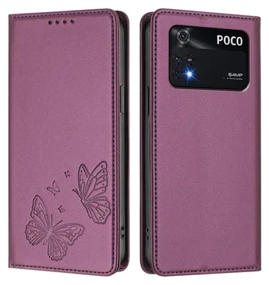Produktbild von Lederhülle für Xiaomi Poco M4 Pro 4G, Schmetterling Prägung Leder Brieftasche Schutzhülle mit Ständer Lila