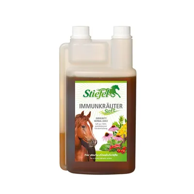 A bottle of Stiefel Immunkräutersaft, a herbal juice for horses, shown against a white background.