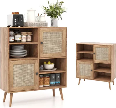 Zdjęcie produktu dla KOMFOTTEU kredens kredens z 2 drzwiczkami z rattanu, bufet szafka boczna z drewna, komoda szafka do przechowywania z otwartą półką, 80x29,5x97 cm