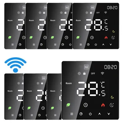 A collage of smart WiFi thermostats displaying temperature and status information.