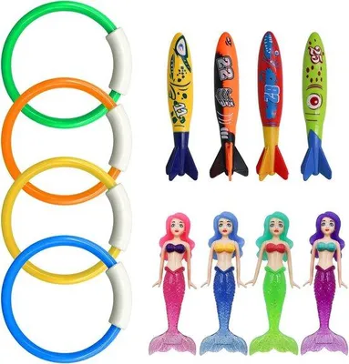 Produktbild von Unterwasser-Tauchspielzeug-Set mit 12 Teilen für Kinder – Tauchringe, Meerjungfrauen und Torpedos – Buntes Tauchspielzeug für den Schwimmbadbereich
