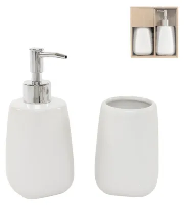 Immagine prodotto di Set da bagno bianco in due pezzi, composto da dispenser per sapone e bicchiere