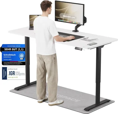 Produktbild von DESKSPACE PRO Elektrisch höhenverstellbarer Schreibtisch – 180x80 cm Memory & Kollisionsschutz, Computertisch Weiße Tischplatte / Schwarzes Gestell