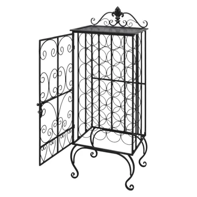 A black metal wine rack with an open door, displayed against a white background.