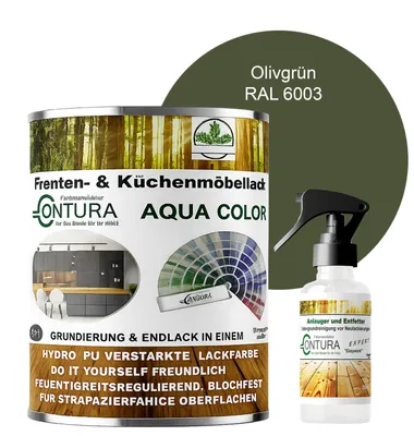 Produktbild von 750ml. + Anlauger - Contura Küchenmöbellack RAL Möbellack SEIDENMATT SET Möbelfarbe Holzlack Buntlack Küchenlack - RAL 6003 Olivgrün