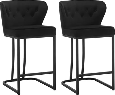 Two black bar stools are shown from the front against a white background.