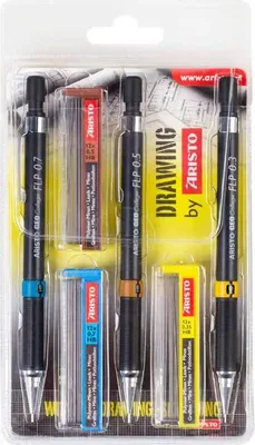 A blister pack containing three Aristo mechanical pencils of different sizes, along with lead refills and erasers.