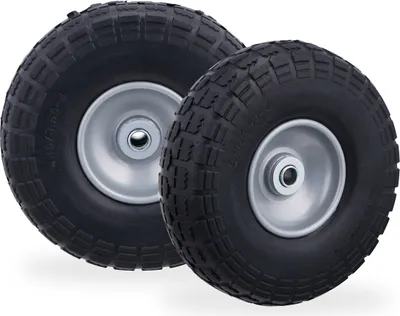 Zdjęcie produktu dla 4 koła do wózka ręcznego, opony z pełnej gumy odporne na przebicie, 4,1/3,5-4", oś 16 mm, nośność do 150 kg, wys. x średnica: 26 x 8,5 cm, czarno-szare