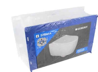 A packaged toilet cistern component with product branding and an image of the toilet.