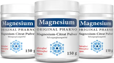 Produktbild von Original Pharno Magnesium-Citrat Pulver - 3 × 150 g – Pures Magnesium-Citrat ohne Zusätze