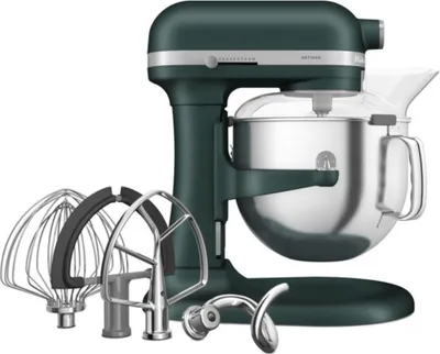 A dark green KitchenAid Artisan stand mixer with various attachments is shown against a white background.