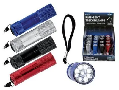 Produktbild von LED-Taschenlampe, 9 LEDs, Metall, 8,5 cm, 4 Farben sortiert