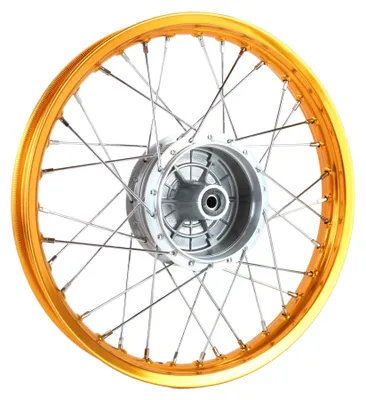 Image de Roue à rayons MZA 1,60x16 pouces jante alu, anodisée orange et polie + rayons chromés pour Simson